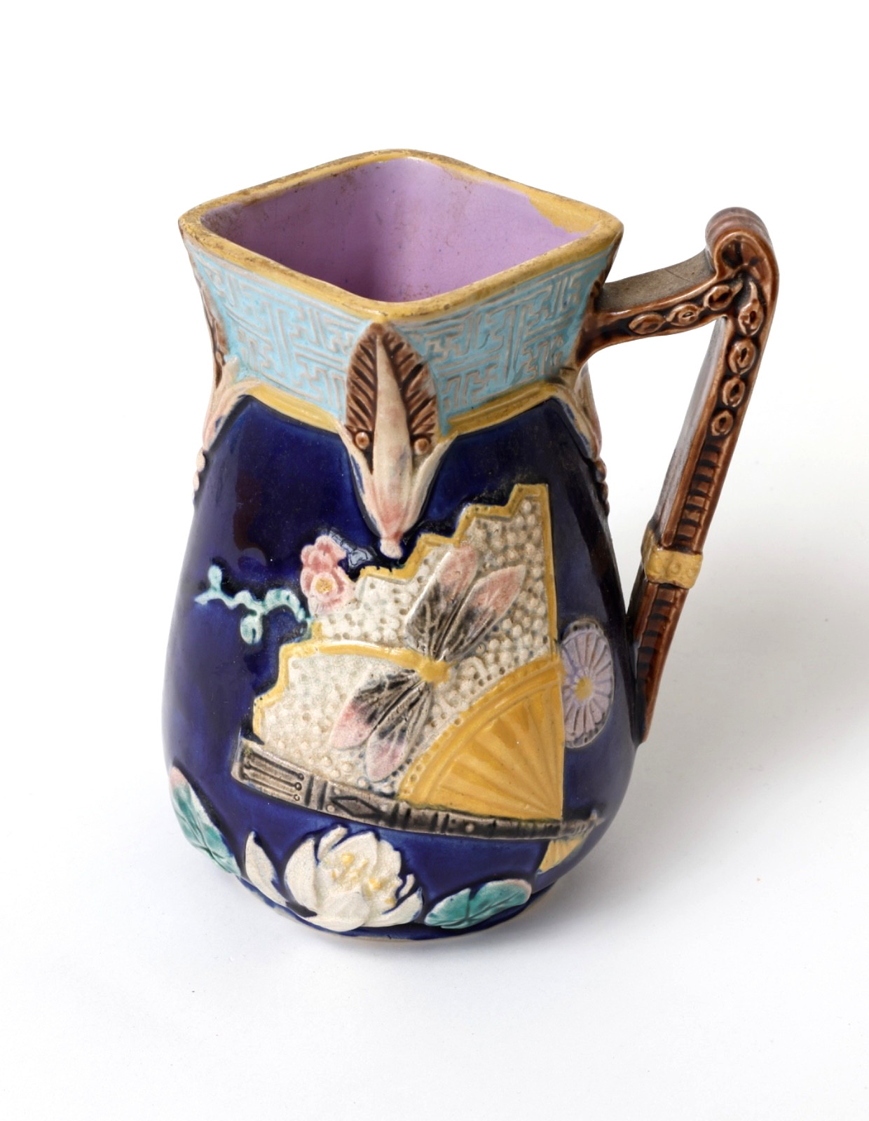 Antique  c.1800\'s Copeland Majolica Lotus Pitcher With Dragonfly & Fan
