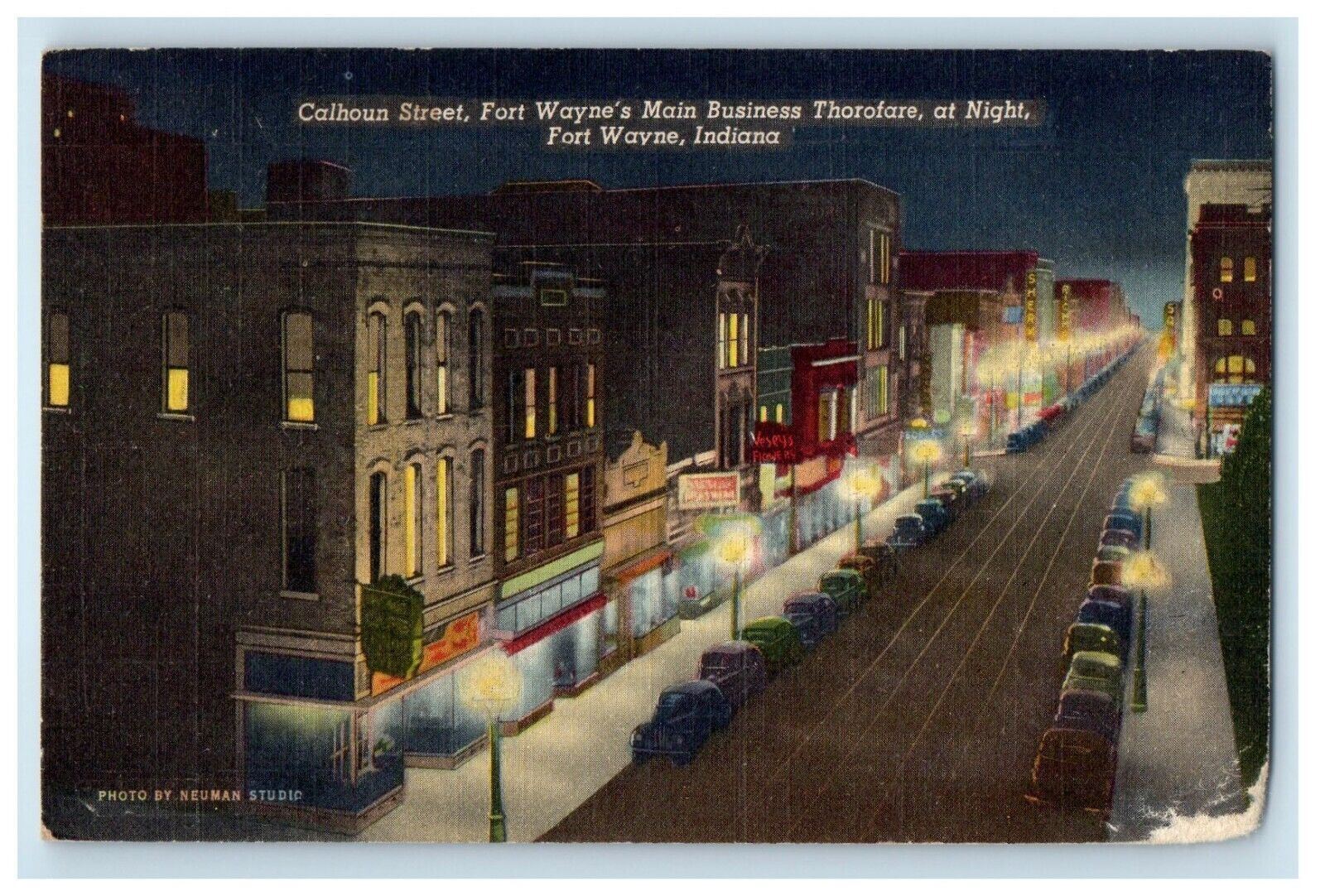 c1930\'s Calhoun Street Fort Wayne\'s Main Business Thorofare At Night IN Postcard