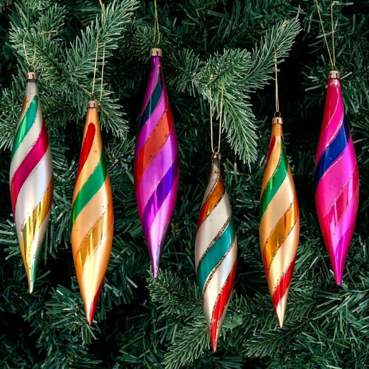 6Pcs Vintage Glass Finial Christmas Candy-striped Icicle Ornaments 5.6