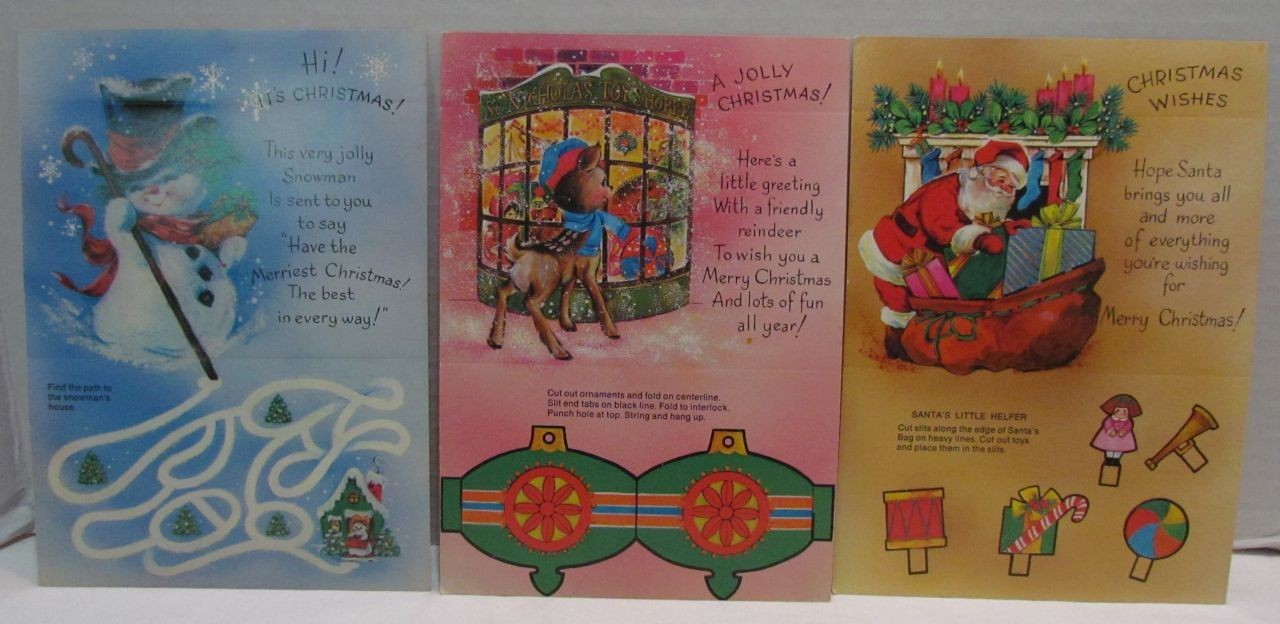 3 1960\'s Children\'s Christmas Cards with Cut Outs & Games, unused