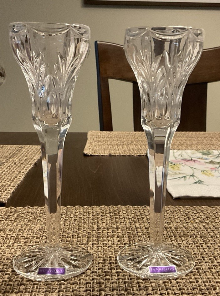Marquis By Waterford Crystal Set of 2 Taper Candlestick Candle Holders, 8.5” T
