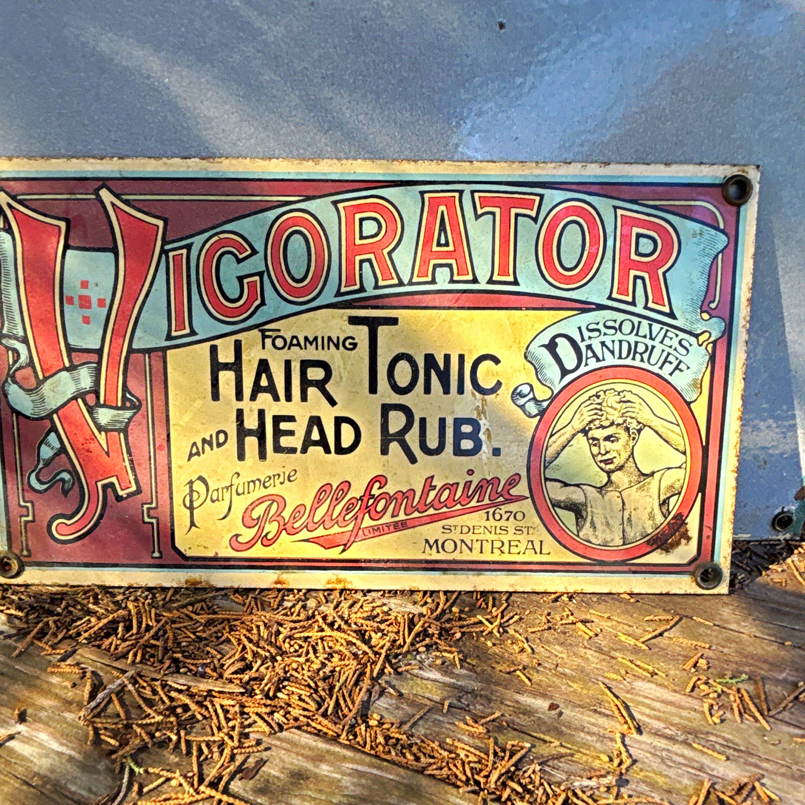Bellefontaine Vintage Vigorator Hair Tonic & Head Rub Advertising Sign Original