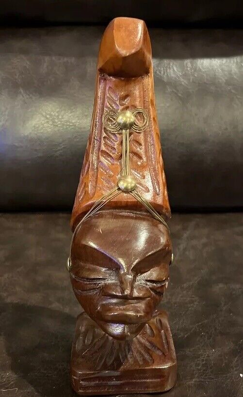 African Carved Wood Woman Sculpture/Head With Metal Jewelry/Two Tone Wood 8” T