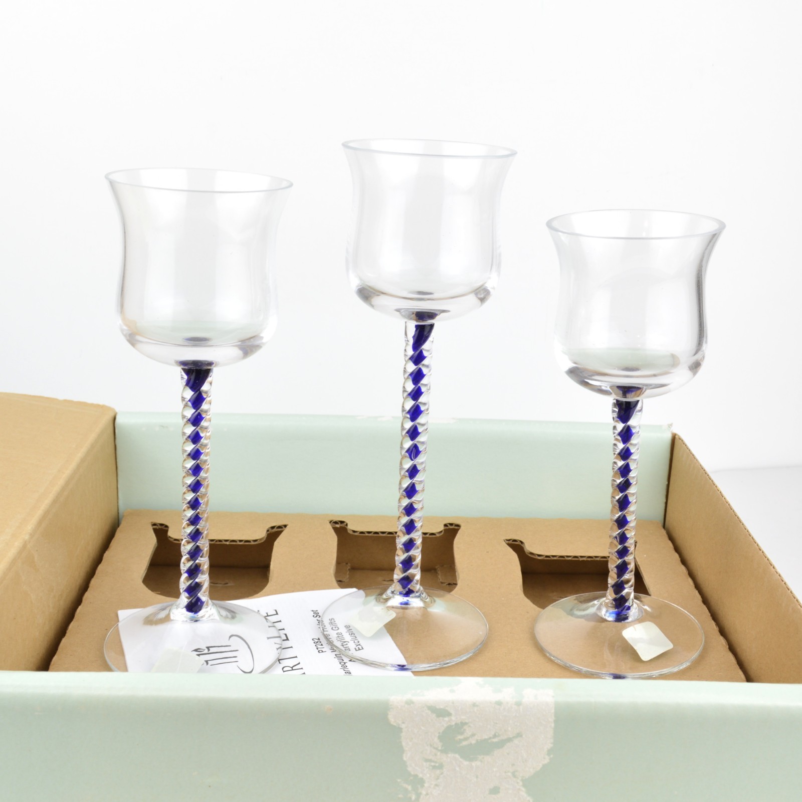 PartyLite Harlequin Votive Candle Holder Set P7282 Blue Glass Stem Trio Ltd Ed PartyLite Harlequin Votive Candle Holder Set P7282 Blue Glass Stem Trio Ltd Ed