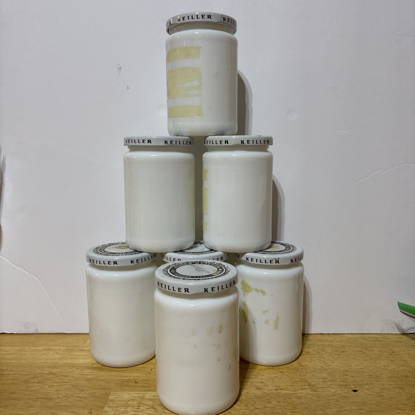 Lot Of 7 Vintage James Keiller & Son Dundee Marmalade Milk glass Jar Lidded 