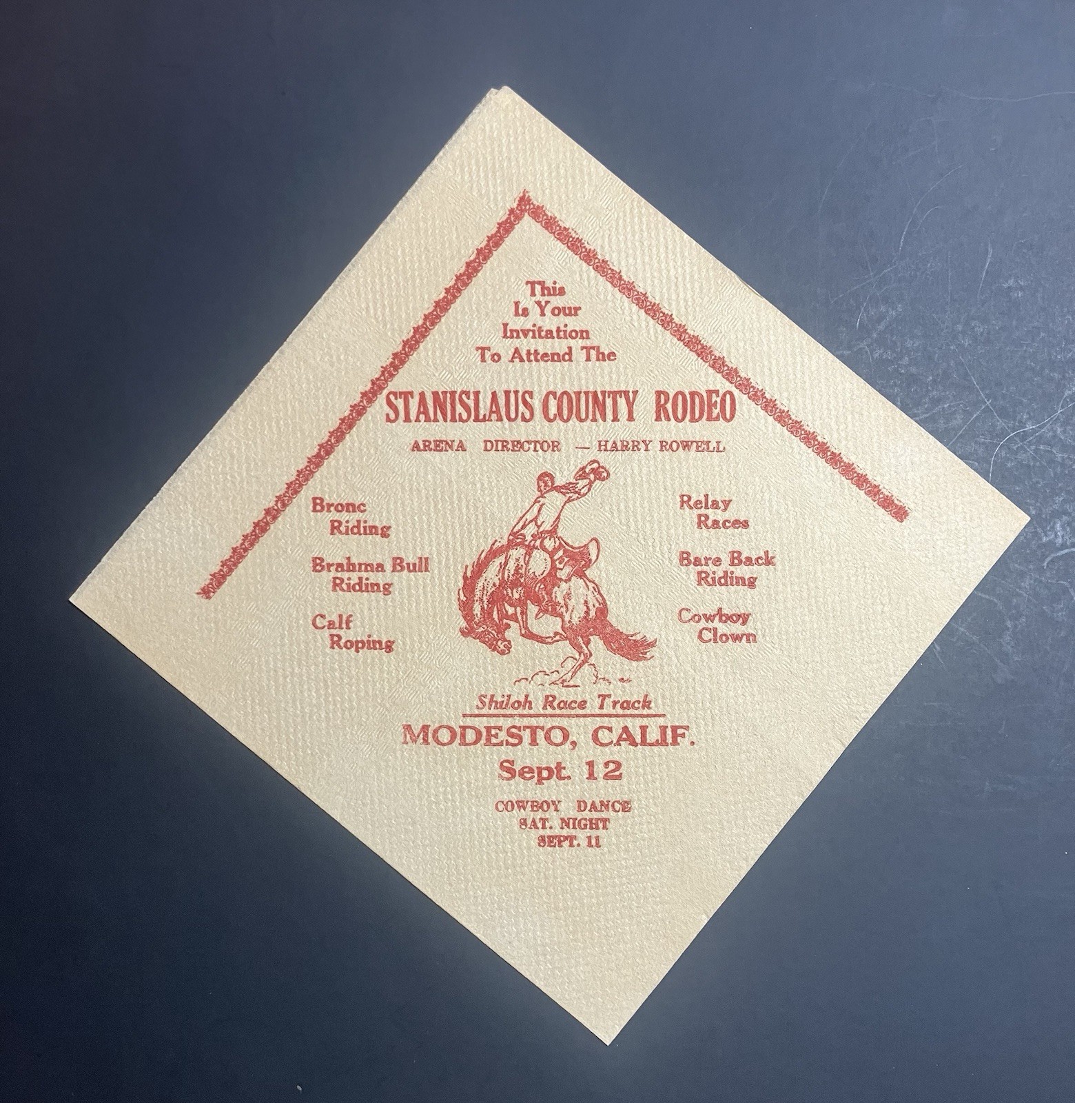 Stanislaus County Rodeo/Shiloh Race Track-Paper Napkin/Placemat 1950's RARE/MINT