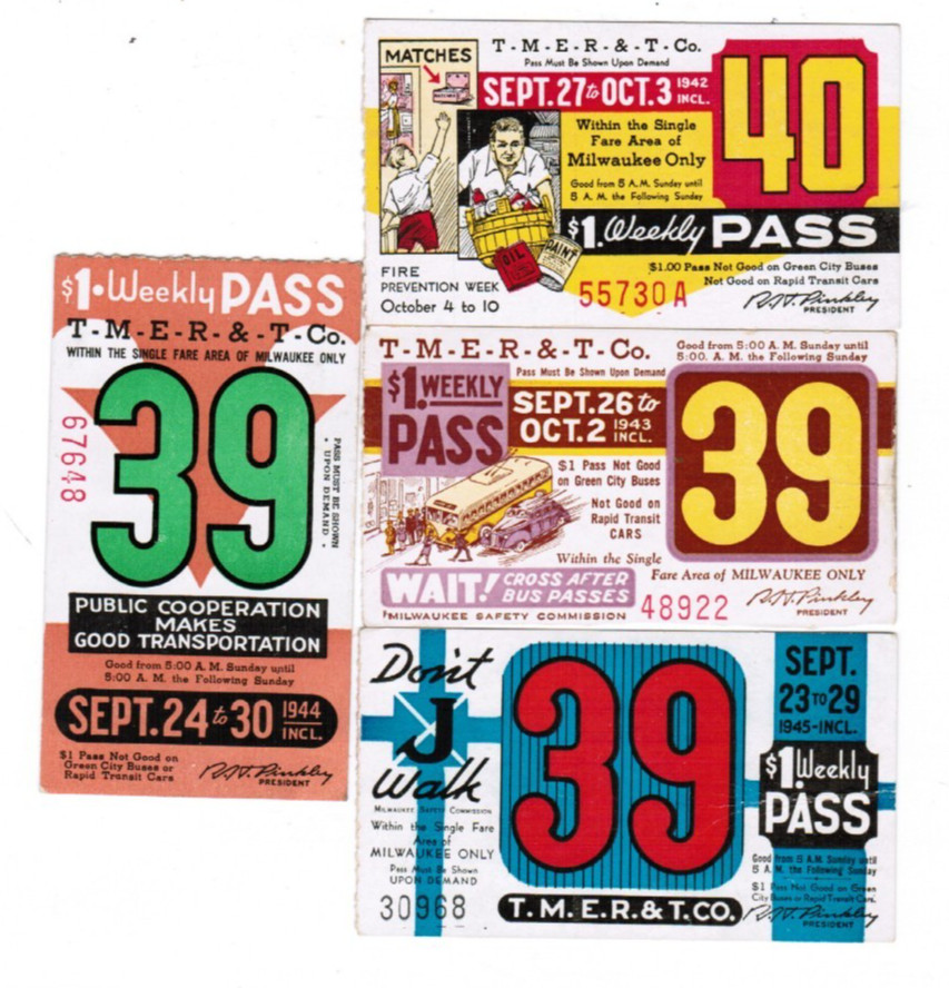 4 Milwaukee Trolley Bus TRANSIT TICKET Passes September 1942 1943 1945 1944