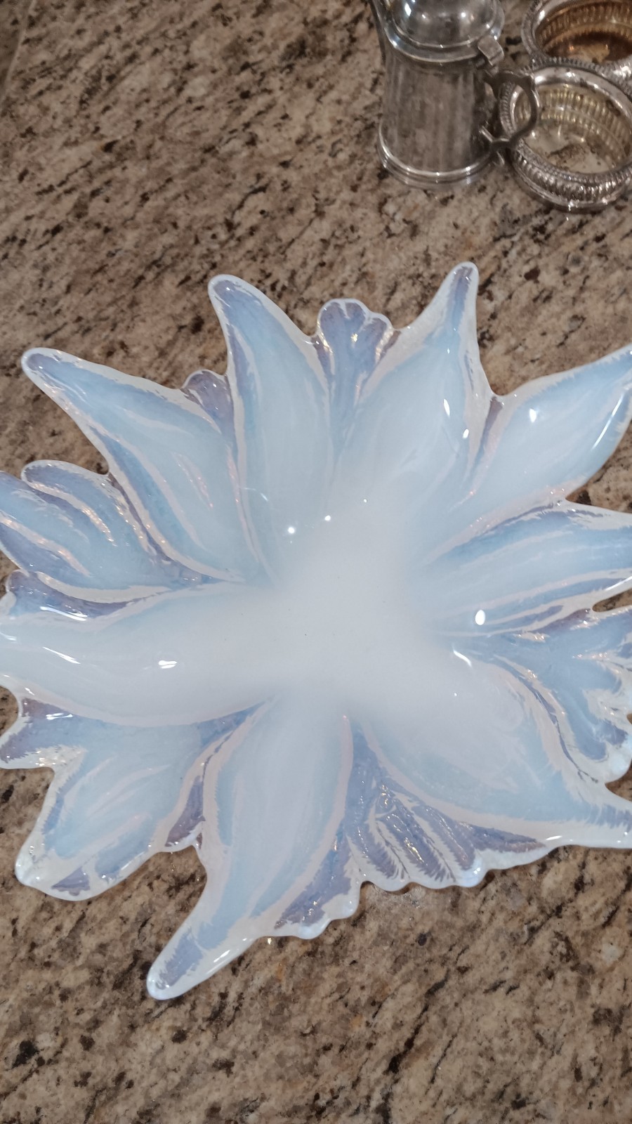 Vintage OPALESCENT Art Glass 3 FOOTED Ruffled Star Bowl Dish 11\