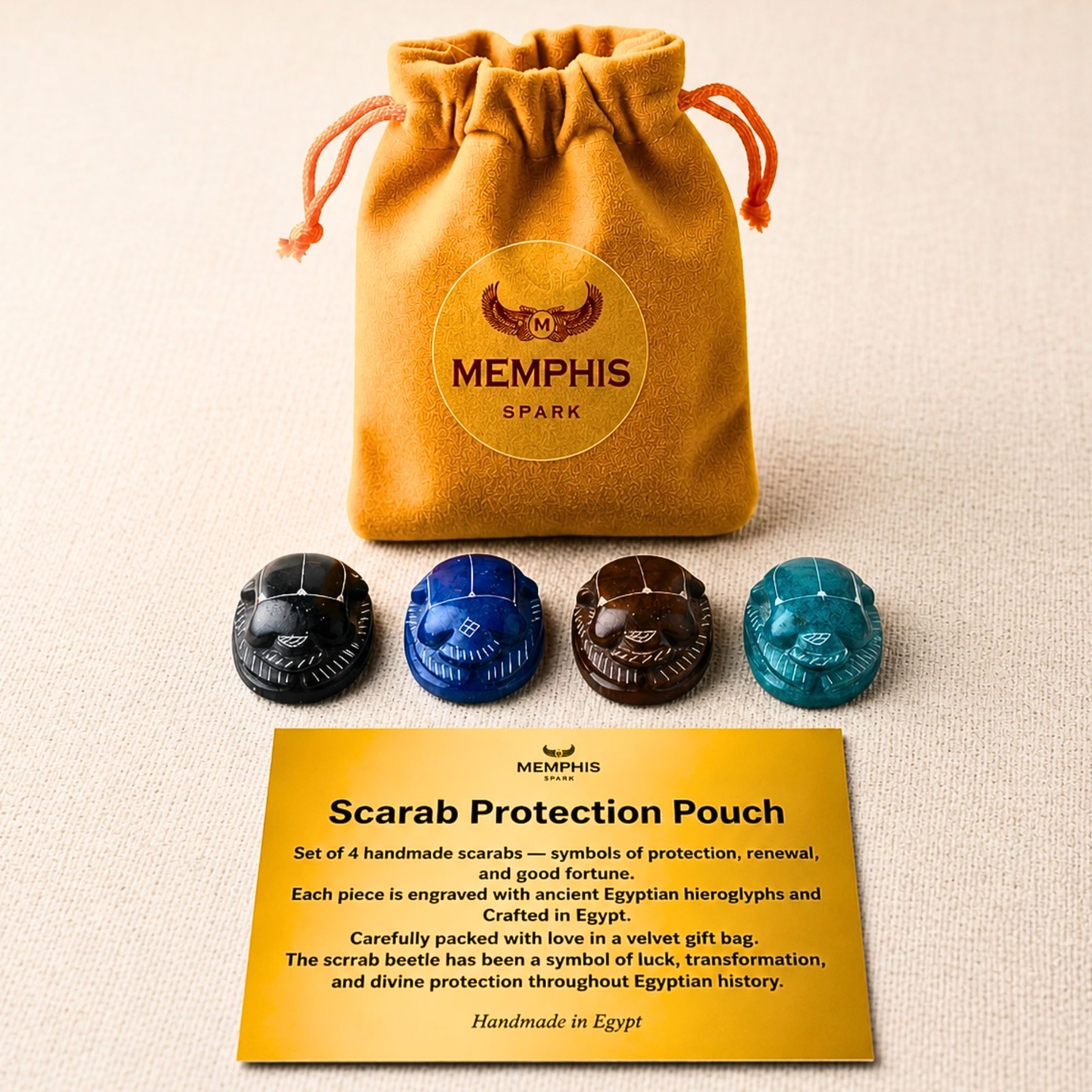 Scarab Protection Pouch Set of 4 Handmade Egyptian Stone Amulets Hieroglyph Arts