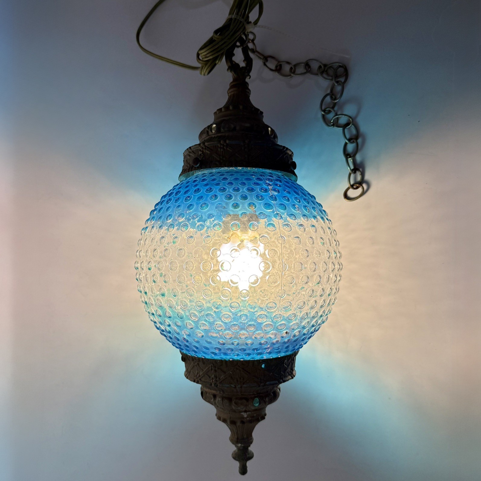 Vintage MCM Blue Hobnail Glass Globe Hanging Swag Lamp Light - WORKING