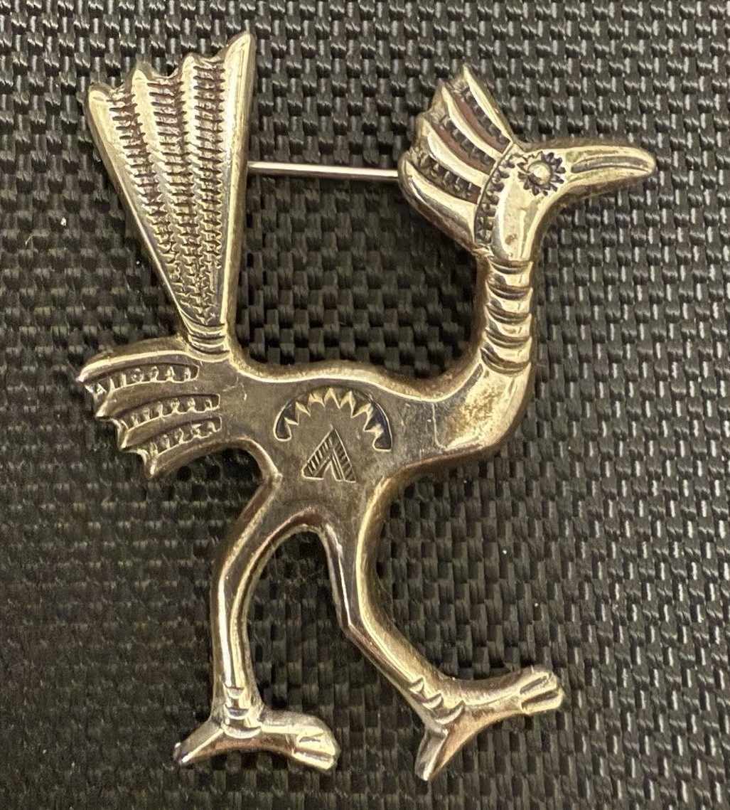 Francis Jones Navajo Sterling Silver Roadrunner Bird Brooch Pin Vintage