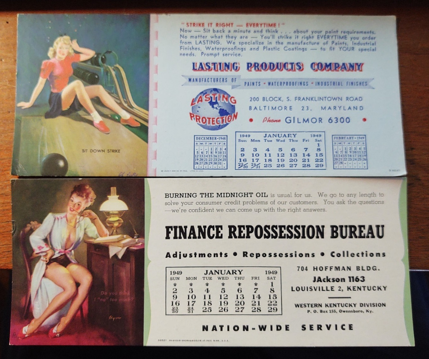 2 Vintage 1949 Advertising Ink Blotters w/ Pin Up Art Pin-Up Girlie