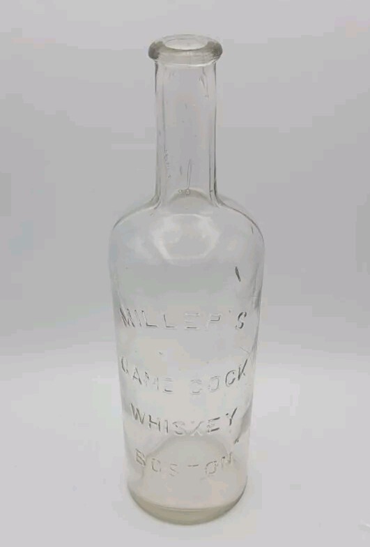 1890\'S ANTIQUE MILLER\'S GAME COCK WHISKEY BOSTON BOTTLE  12\