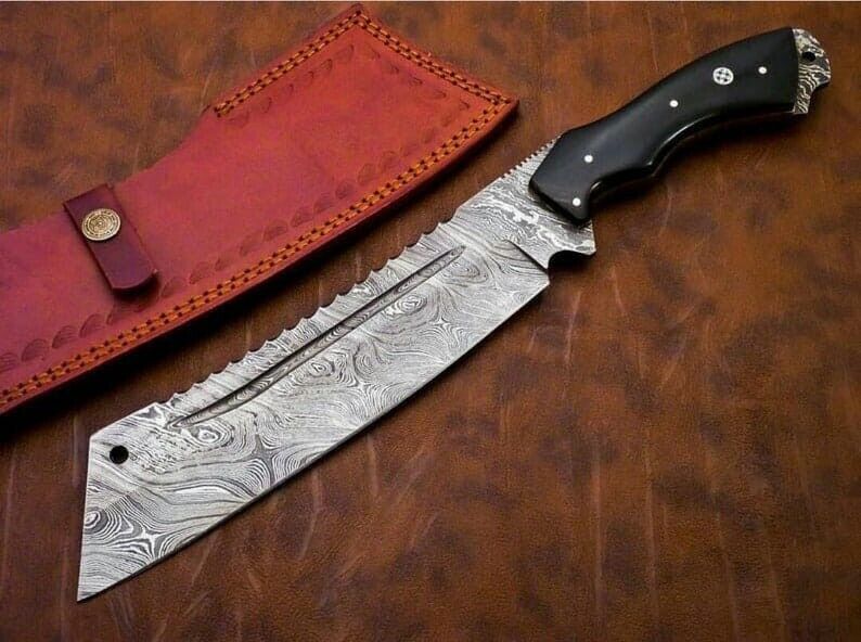 Custom handmade Damascus Steel Machete leather sheath hunting 15''