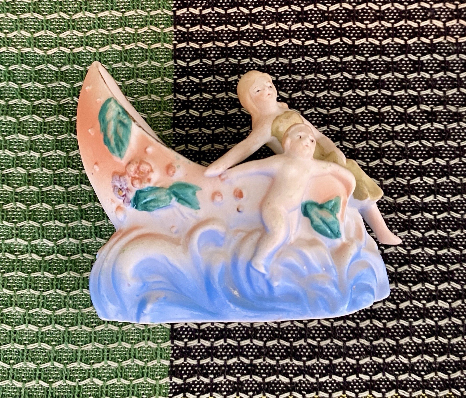 Antique Poecelain Ceramic Bathing Beauty And Baby In Seashell Boat
