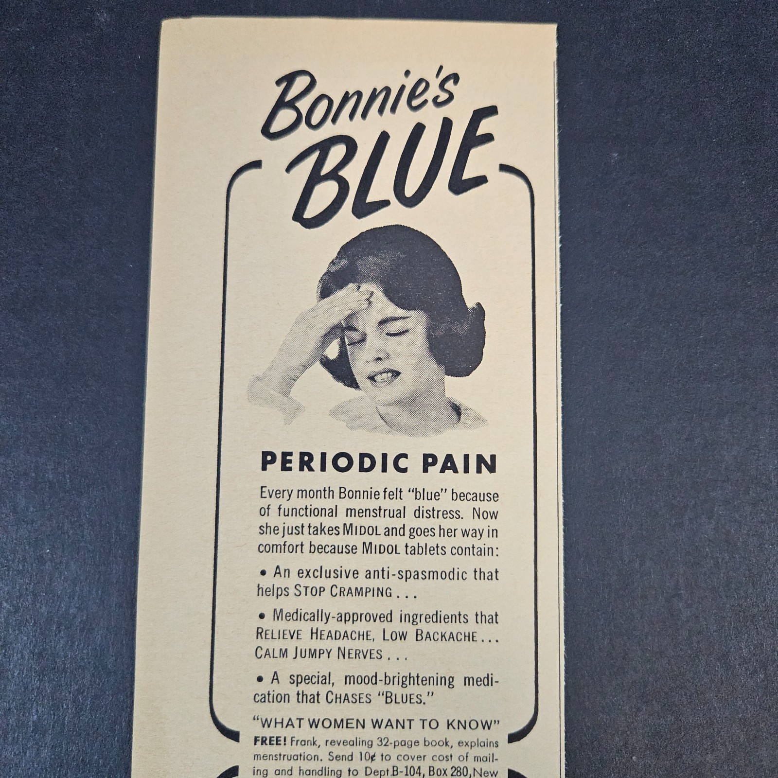 1964 Bonnie\'s Blue Periodic Pain Gay With Midol Tablets Vintage Print Ad NYC
