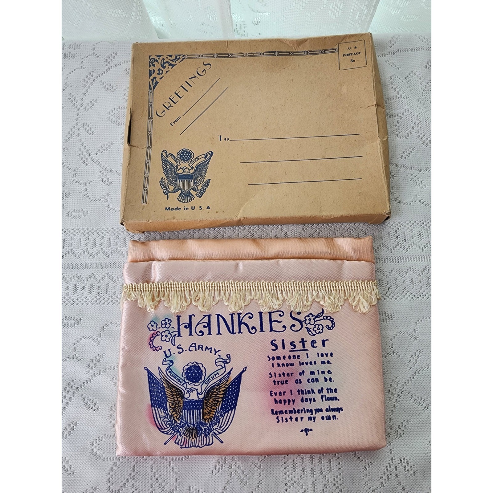 Vintage WWII US Army Sister Silk Handkerchief Case Souvenir with Envelope 1940s