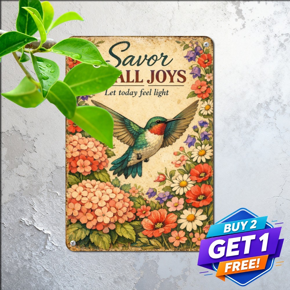 Inspirational Hummingbird Floral Tin Sign 8x12 Botanical Garden Metal Plaque