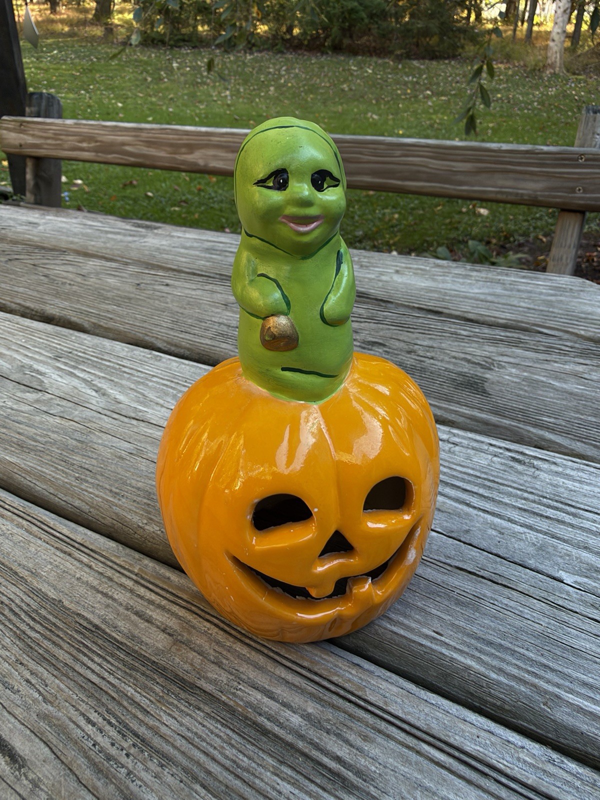 Vintage Ceramic Pumpkin Ghost Painted 5.5” Tea Light Candle