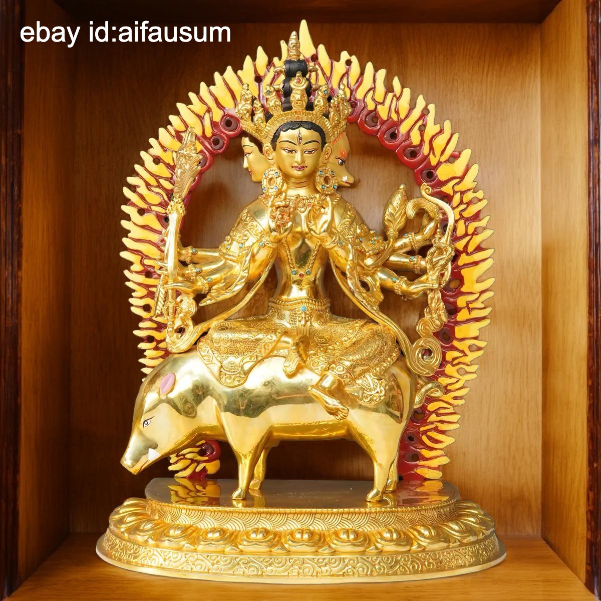 23cm Copper Gilt Engraved Marici Bodhisattva Statue Tibetan Goddess of Light
