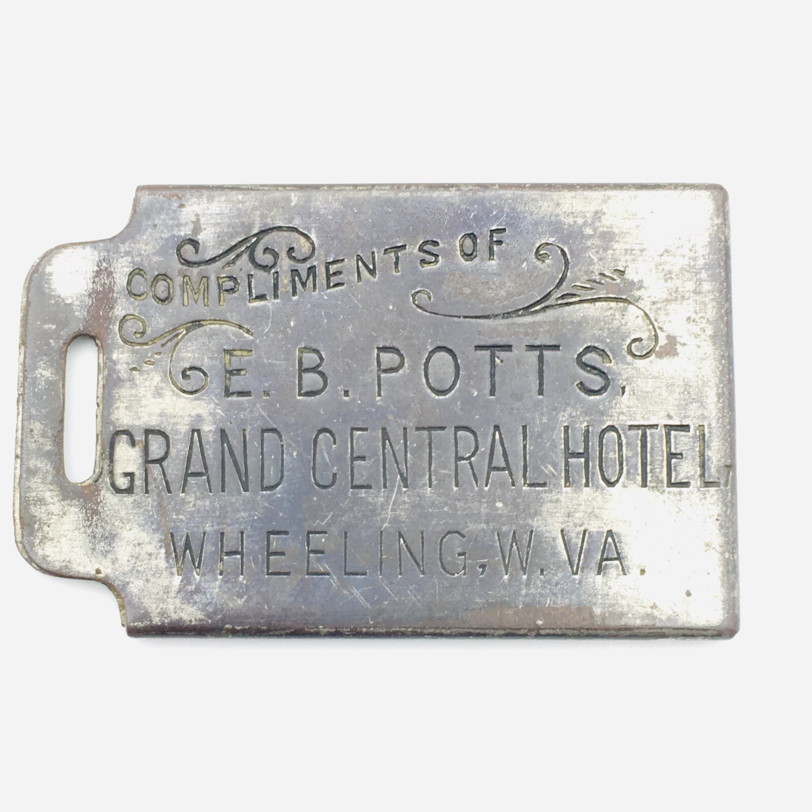 Wheeling WV Grand Central Hotel Brass Plated Two Piece Baggage Tag 1905 Era