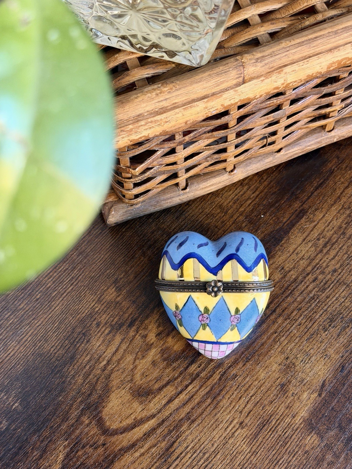 Vintage Hand-Painted Enamel Heart Trinket Box Hinged Blue Yellow Pink Floral PHB