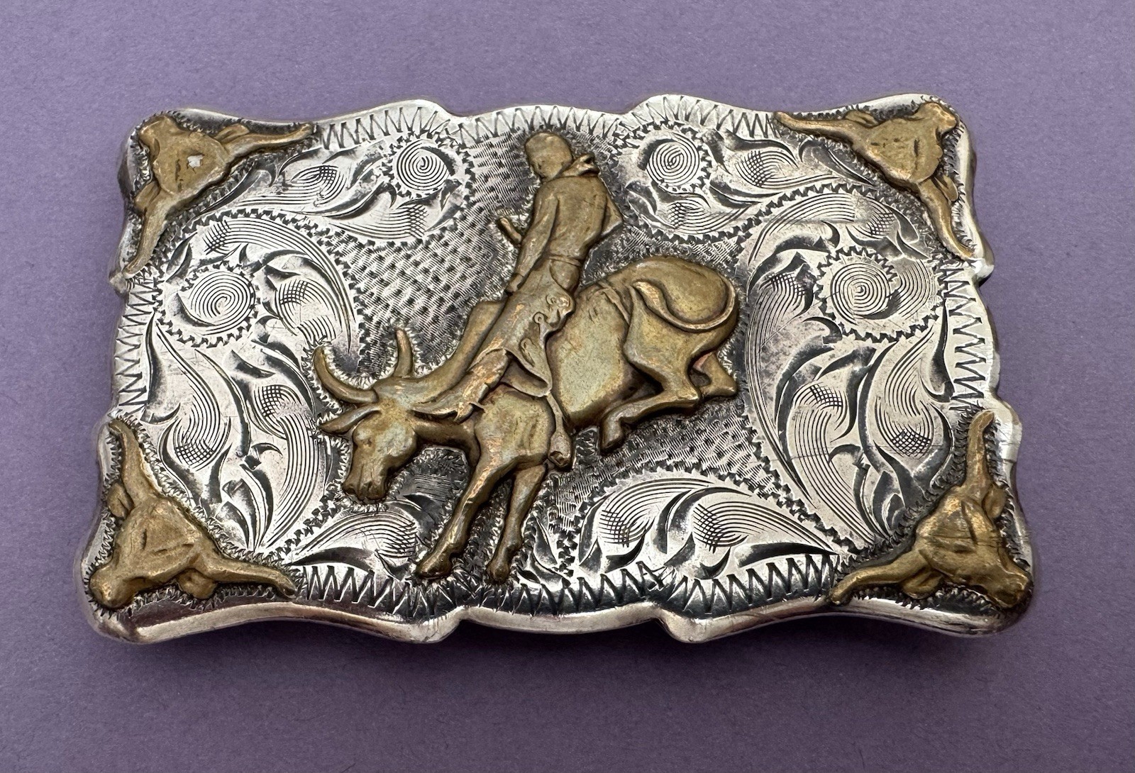 Vintage Mid 20th C Sterling Silver Bullrider Longhorn Steer Frontier Belt Buckle Vintage Mid 20th C Sterling Silver Bullrider Longhorn Steer Frontier Belt Buckle