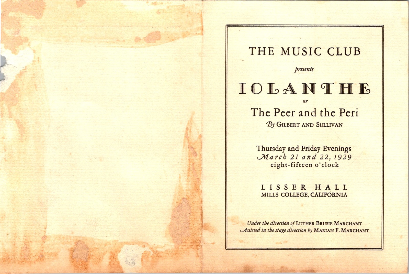1929 Mills College Iolanthe Program Lisser Hall Music Club Gilbert & Sullivan