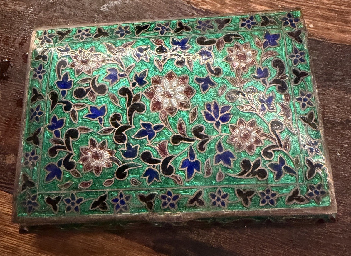 Authentic Indian Sterling silver cloisonné Enamel Trinket Cigarette box