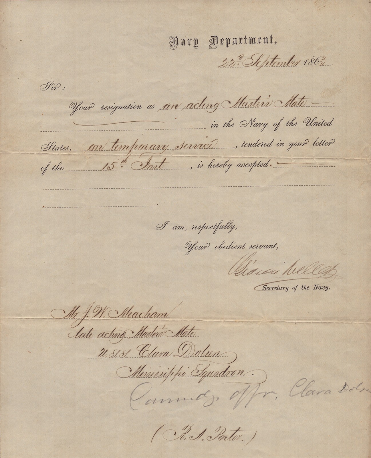 GIDEON WELLES - NAVAL APPOINTMENT SIGNED 09/22/1863