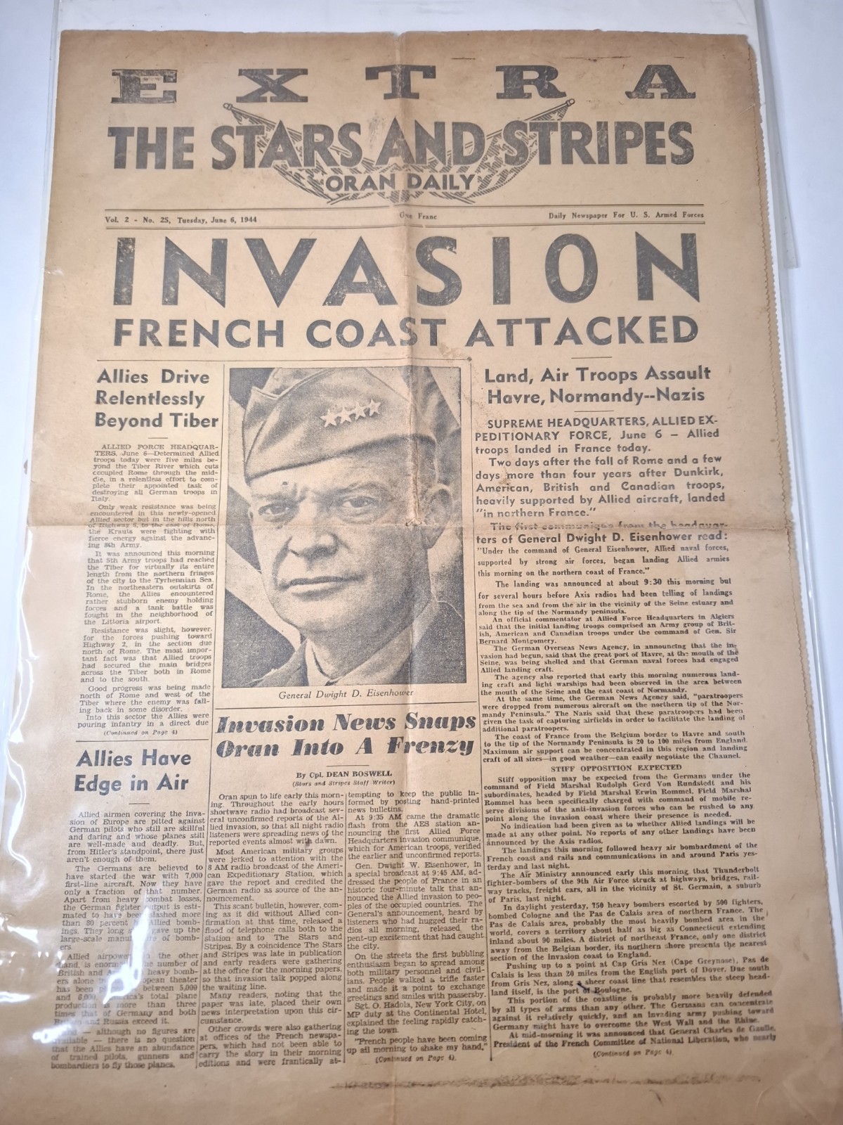 RARE WWII D-Day June 6 1944 Stars & Stripes Newspaper Lot w/ Soldr Letter & Exam