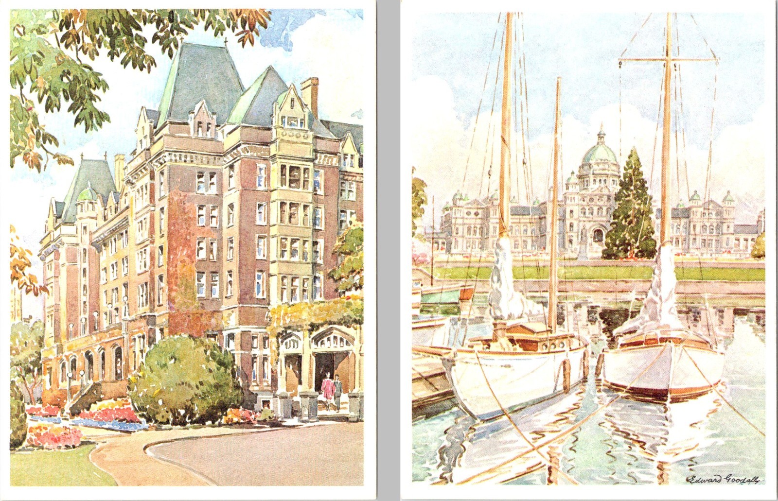 2~4X6 ART Postcards VICTORIA, BC Canada EMPRESS HOTEL~SAILBOATS Edward Goodall