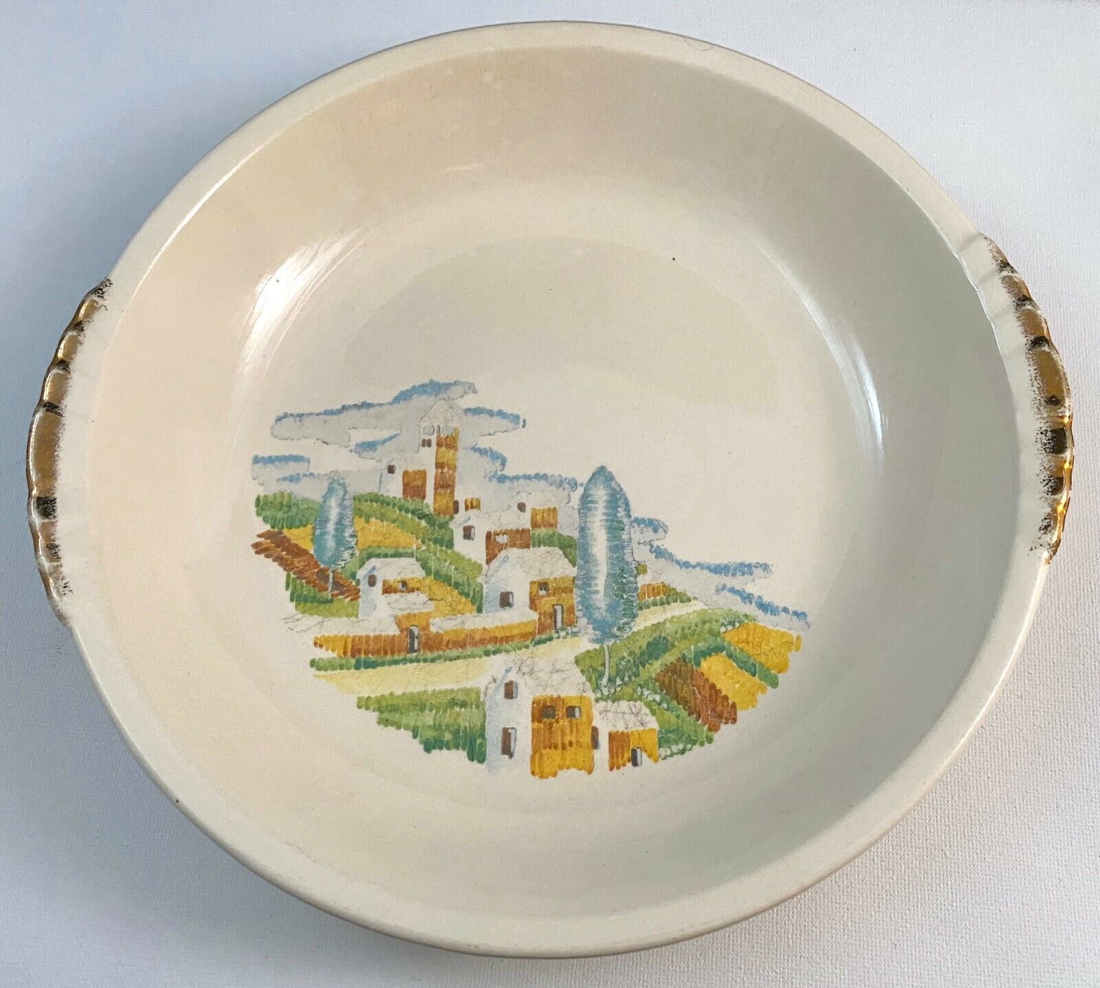 Bowl (Serving). Paden City Pottery.  Rare Farmland Scene. Gold Trim, Vintage,