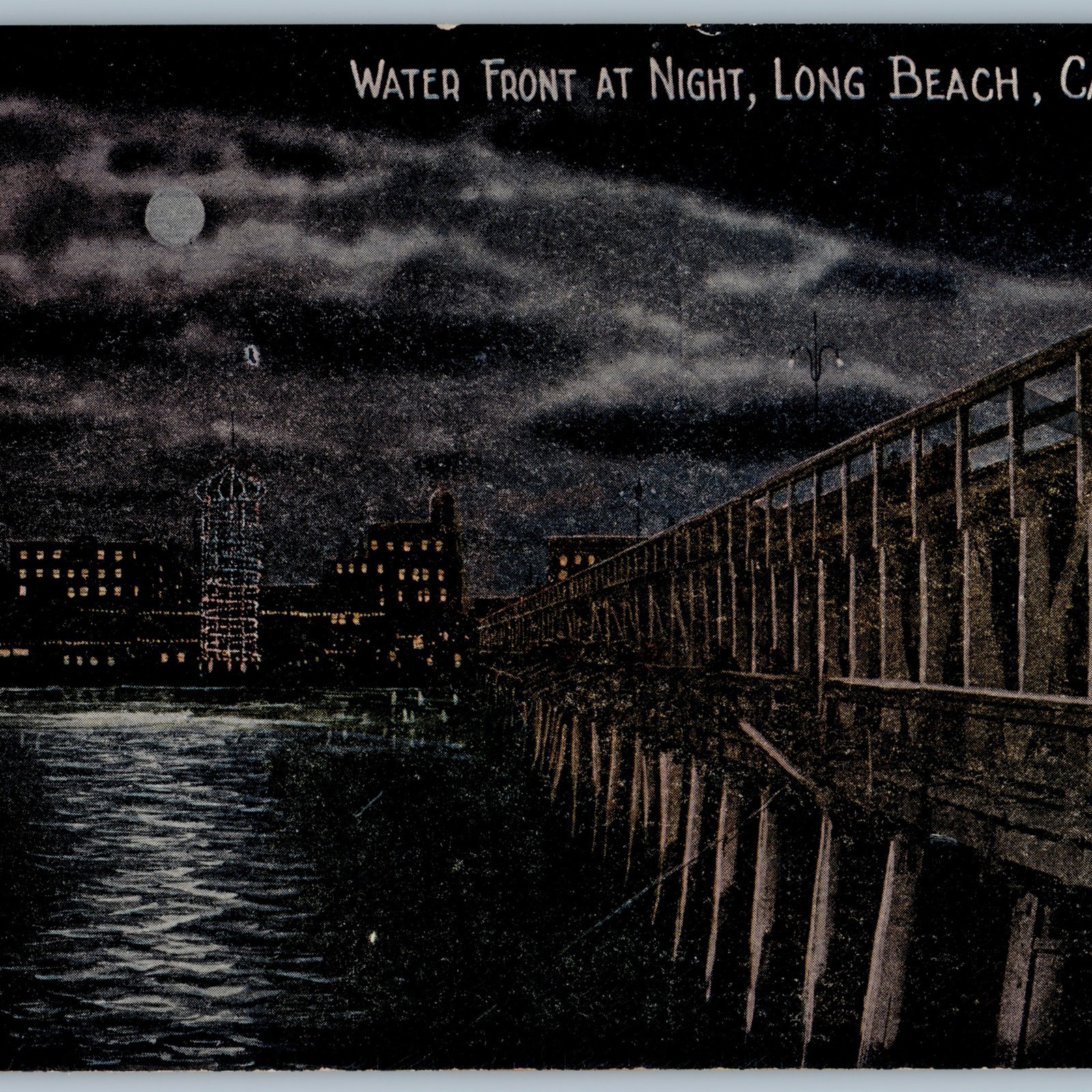 c1910s Long Beach, CA Water Front Night Moonlit Postcard Pier amusement Pike