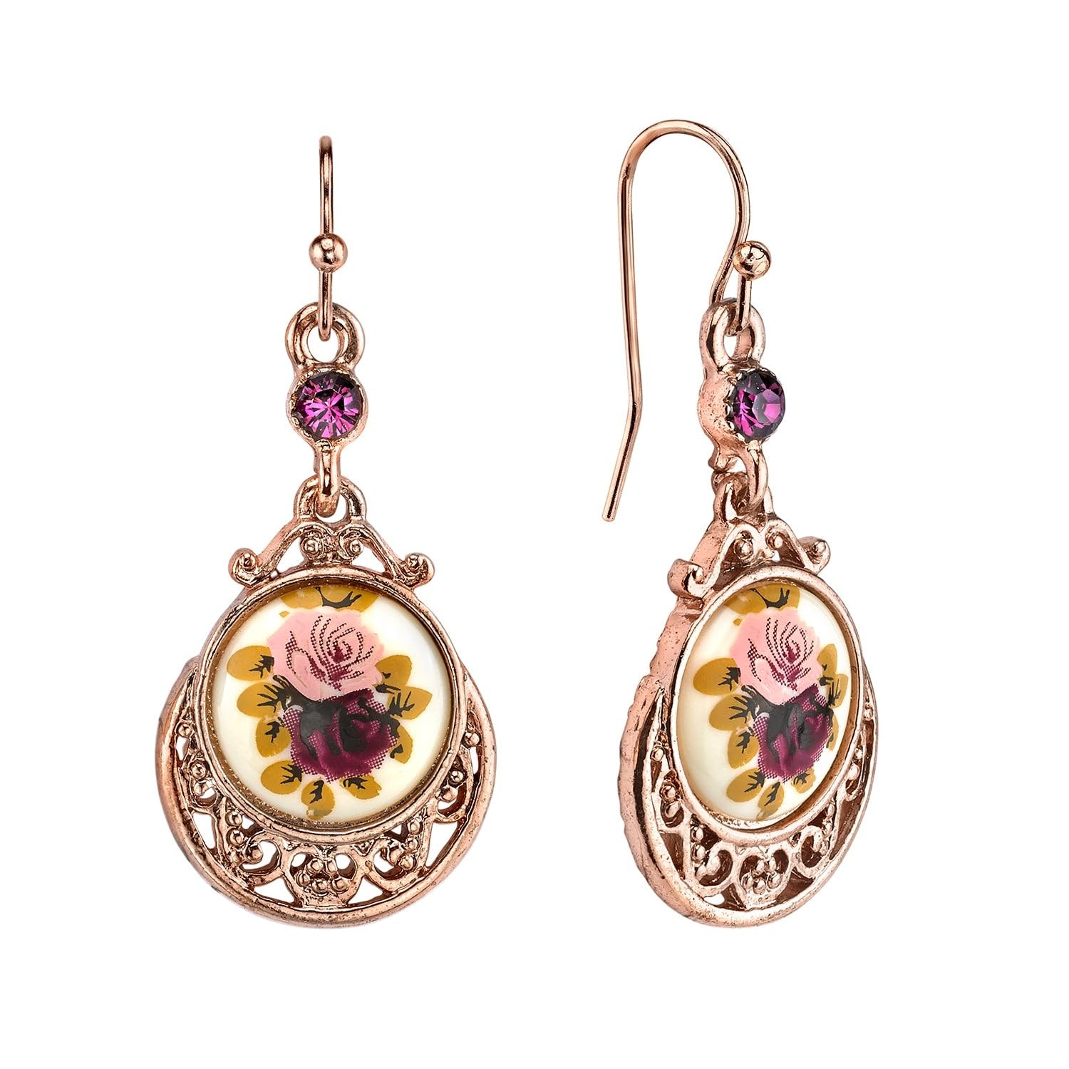1928 Jewelry Rose Purple Crystal Flower Drop Earrings, Amethyst