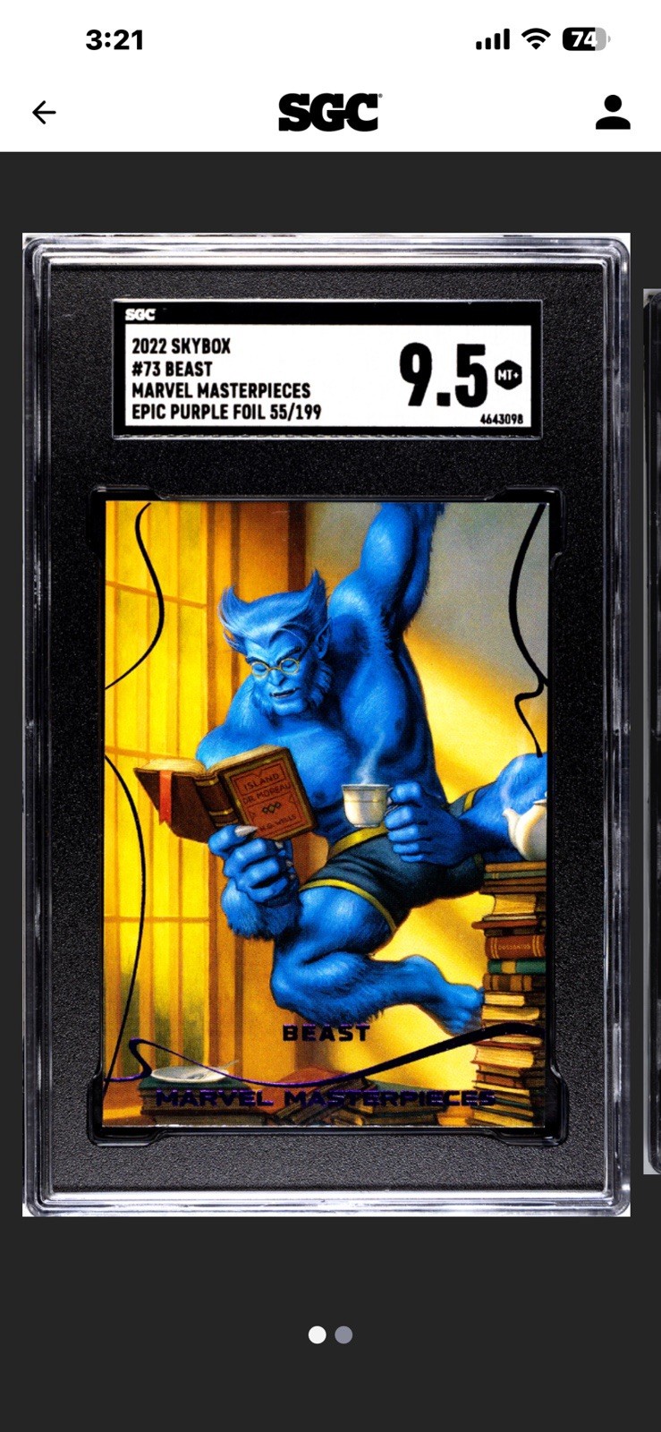 2022 Skybox Marvel Masterpieces #73 Beast Epic Purple Foil 55/199 SGC 9.5 POP 1