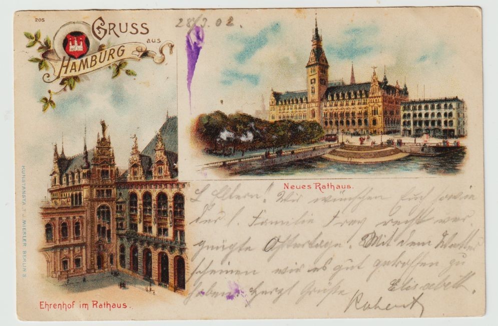 +Int litho postcard greeting from Hamburg, various views used 1902+