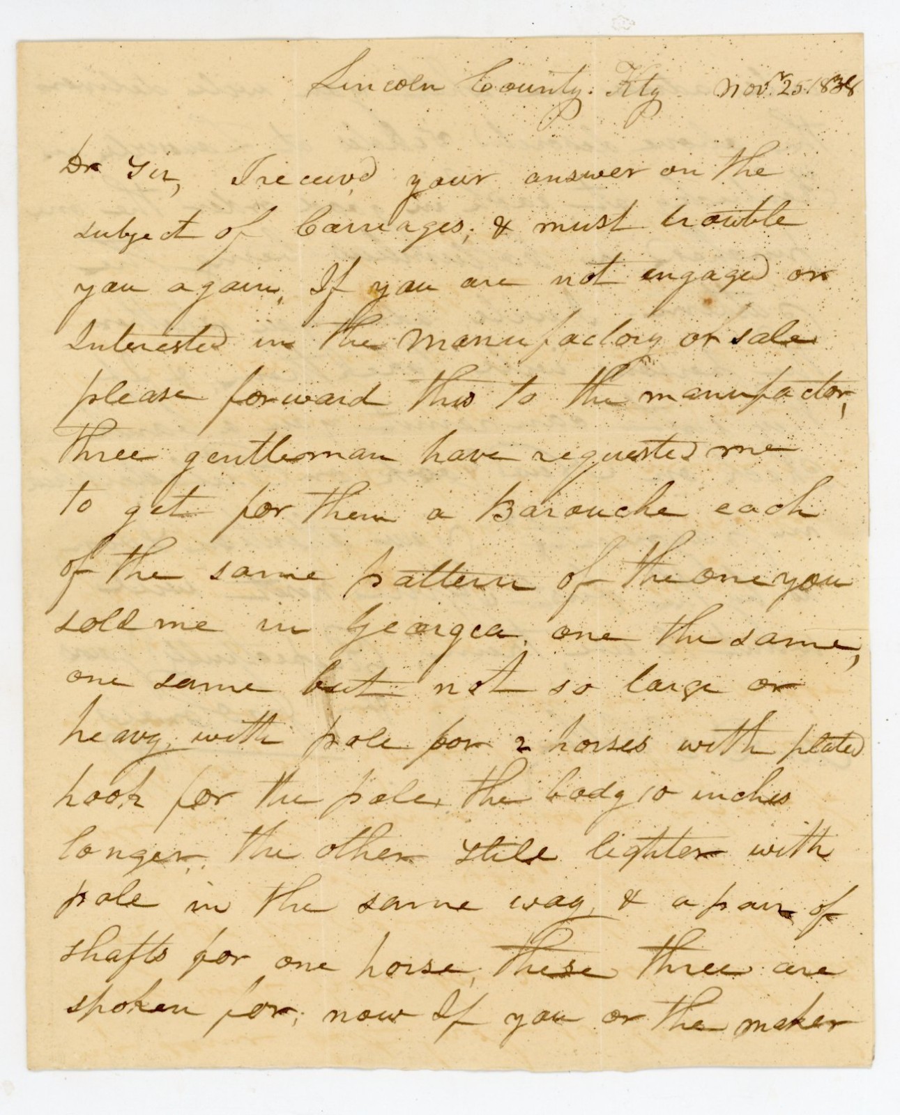 1838 Lincoln County KY Stampless Letter Barouche Carriages Order Hartford CT