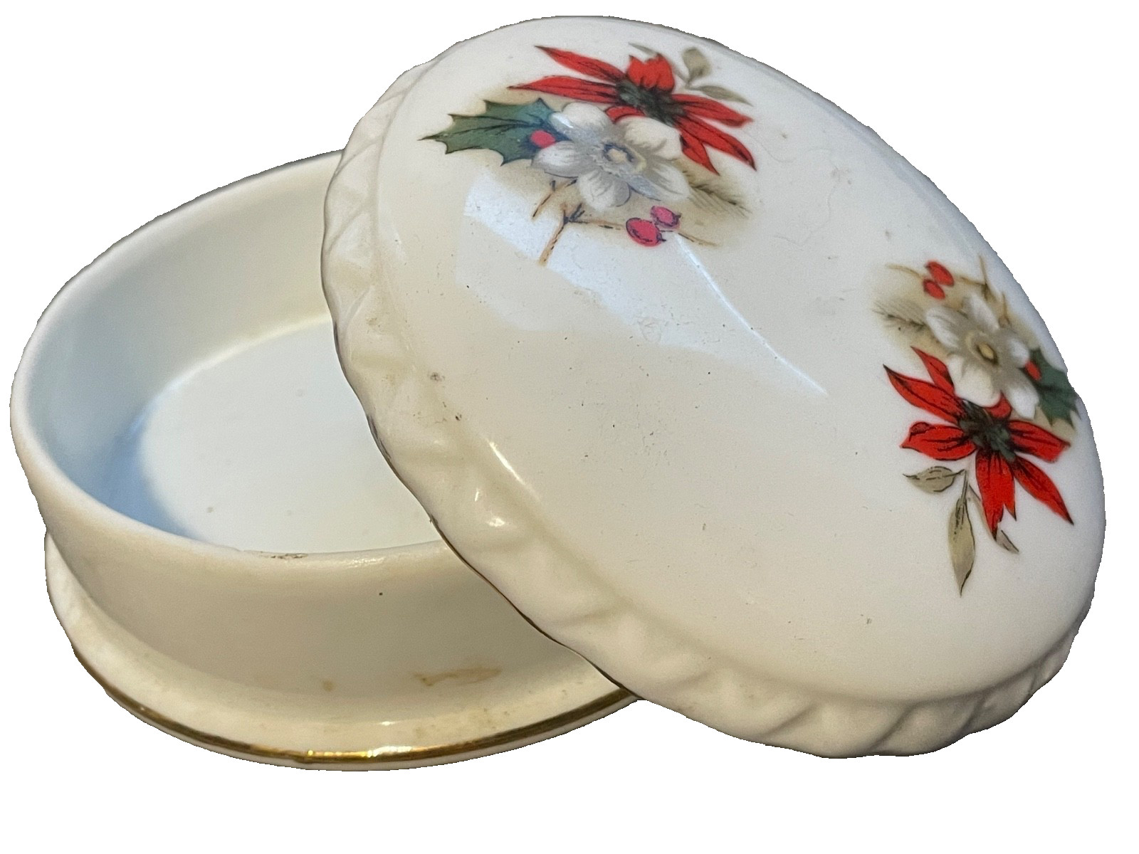 Vintage 1950s Lefton? Poinsettia ceramic Trinket Box 4” dish Christmas bowl lid