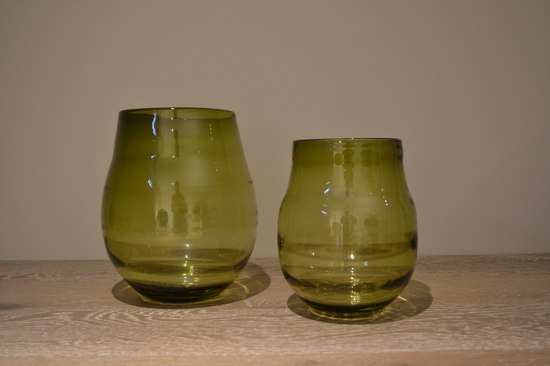 Pair - Beautiful Modern Form Large Green Glass Vases