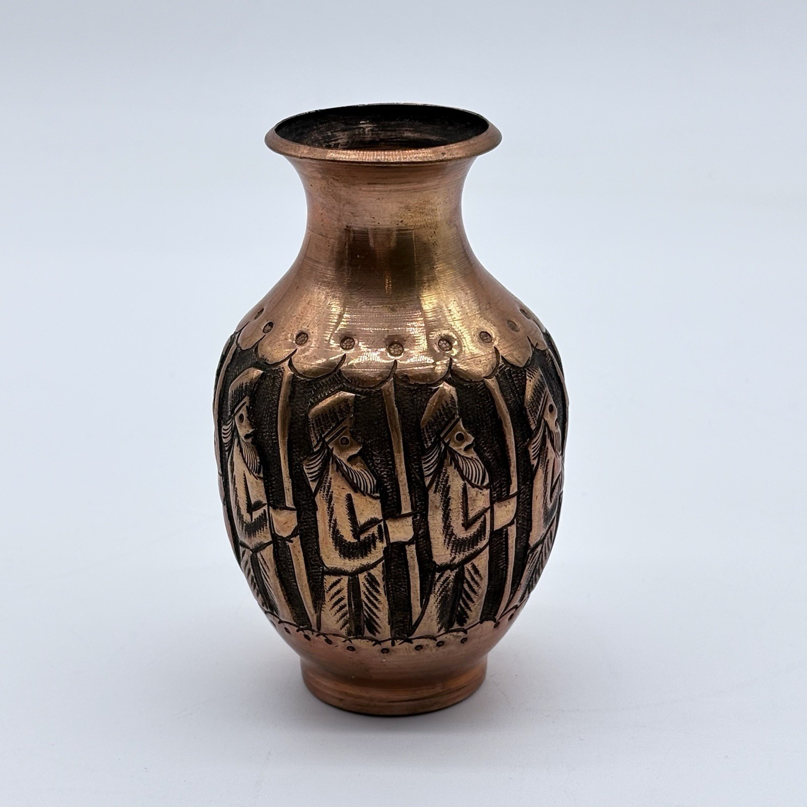 Vintage beautiful copper small engraved  Man With Staff vase