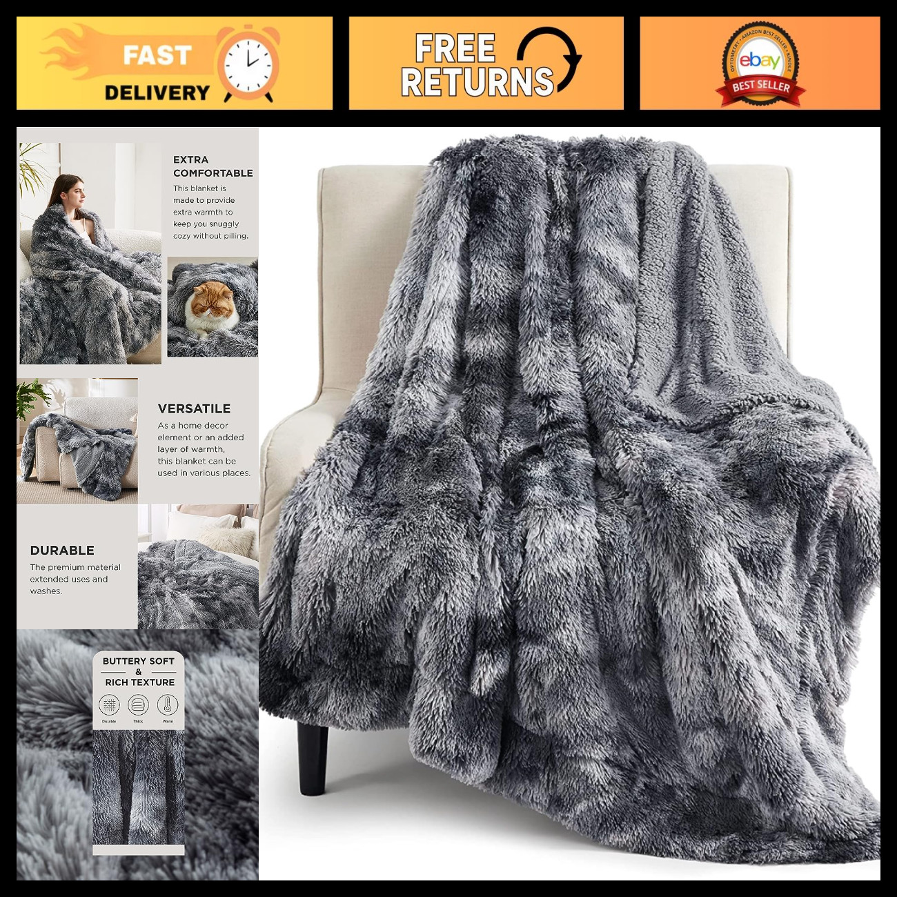 Bedsure Faux Fur Fluffy Fleece Sherpa Blanket Couch Throw Grey 50\