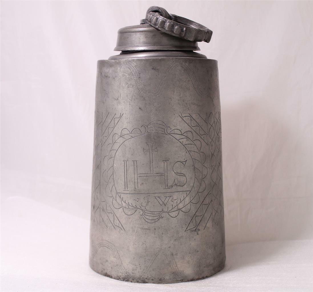 Large Antique German Engraved Pewter Beer Stein/Screw Bottle Engraved c1830s