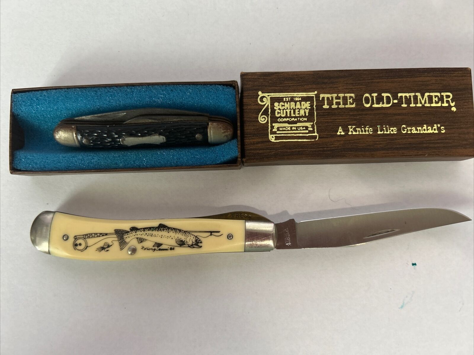 Schrade Pocket Knives Lot Of 2 Old Timer, Fixed Blade Fish Design Print