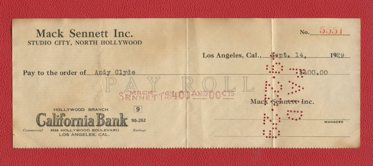 Vintage 1929 Check issued to Andy Clyde from Mack Sennett Inc. - (Girl Crazy)