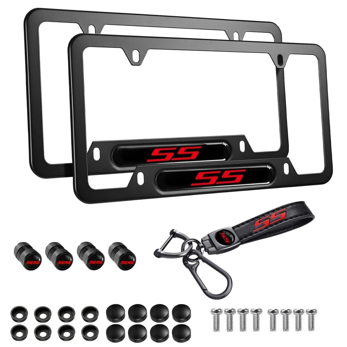 2PCS SS License Plate Frames with Tire Valve Caps and Keychain