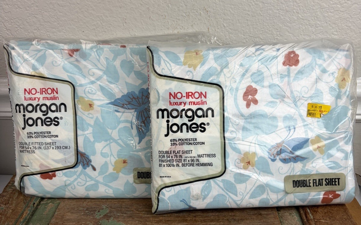 Vtg Morgan Jones Full Double Flat & Fitted Sheet Set Blue Floral Butterflies