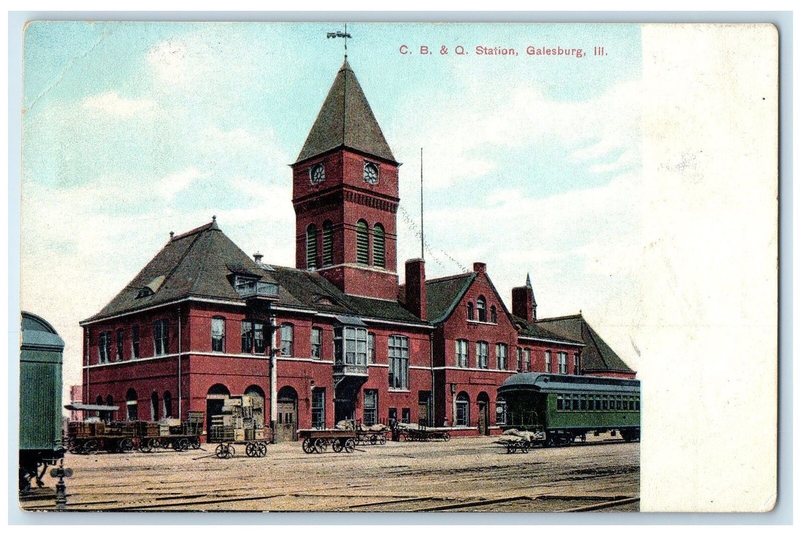 1908 C. B. & Q. Station Exterior Roadside Galesburg Illinois IL Posted Postcard