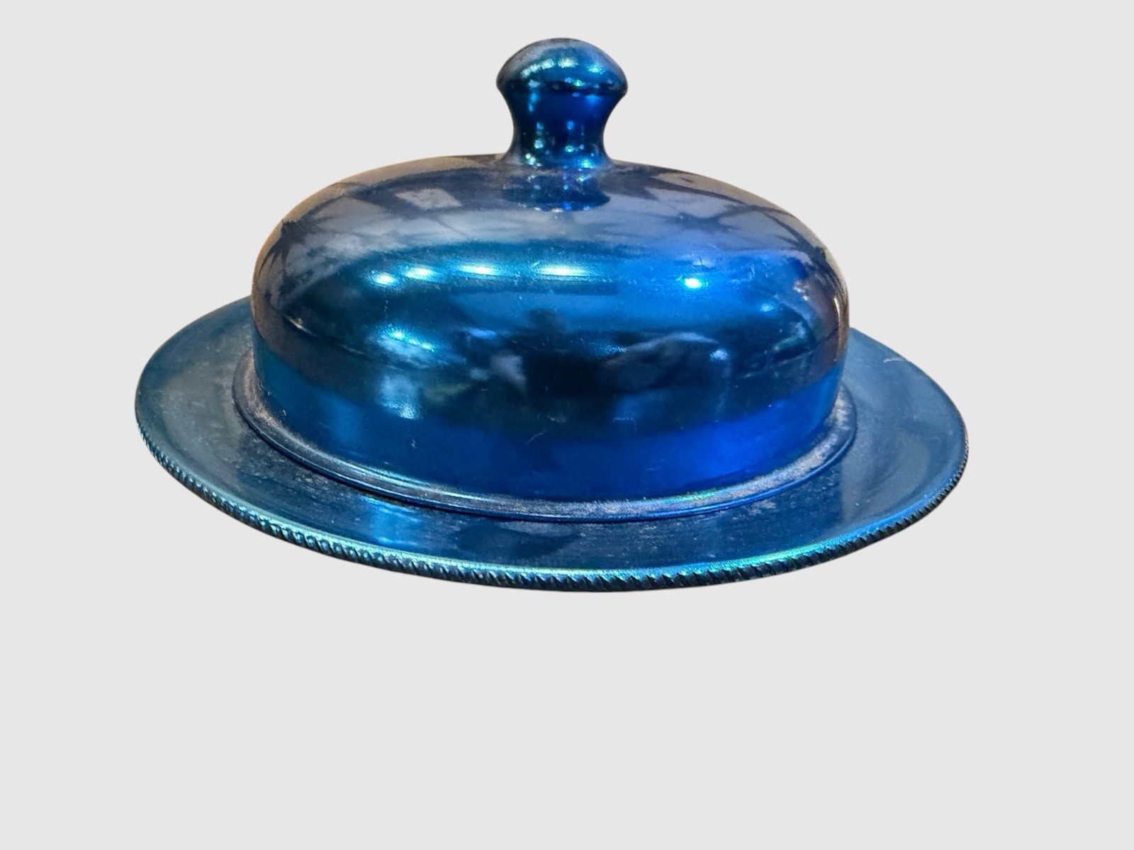 Vintage Dirilyte Blue Anodized Aluminum Covered Butter Cheese Dish Dome MCM 50s
