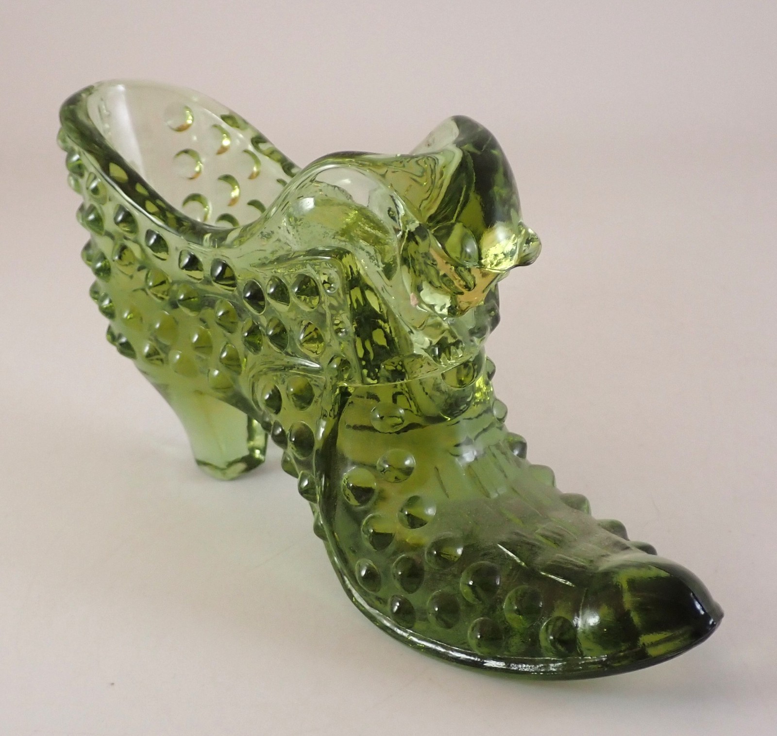Fenton Colonial Green / Olive Hobnail Cat Head Glass Shoe Slipper Vase